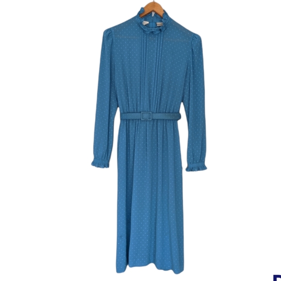 Vintage Blue Cottagecore Maxi Prairie Dress Removable Lace Collar - Picture 3 of 13